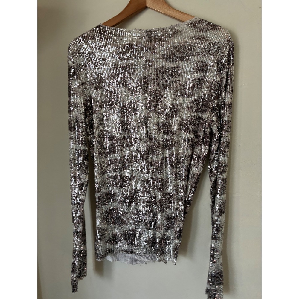 Free People Sequin Long Sleeve Top Brown Silver Animal Print M Fall Festival XL